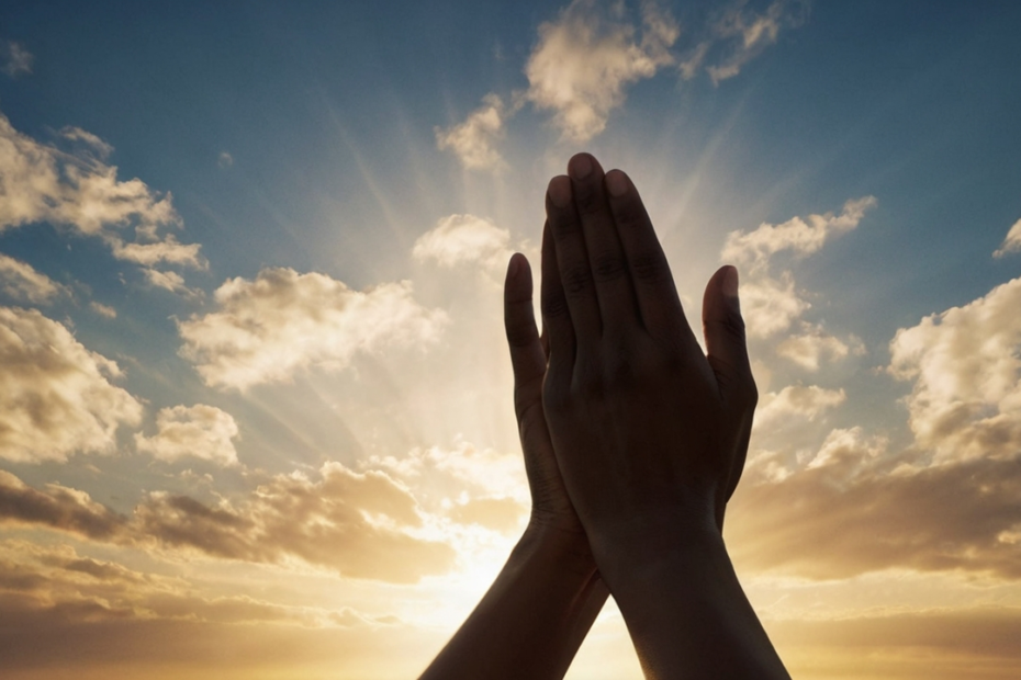 Pessoa em oração ao amanhecer, com as mãos erguidas em direção ao céu, transmitindo fé, esperança e confiança em Deus.